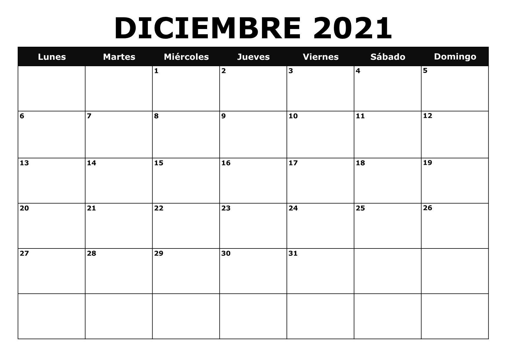 Calendario Imprimible de Diciembre de 2021