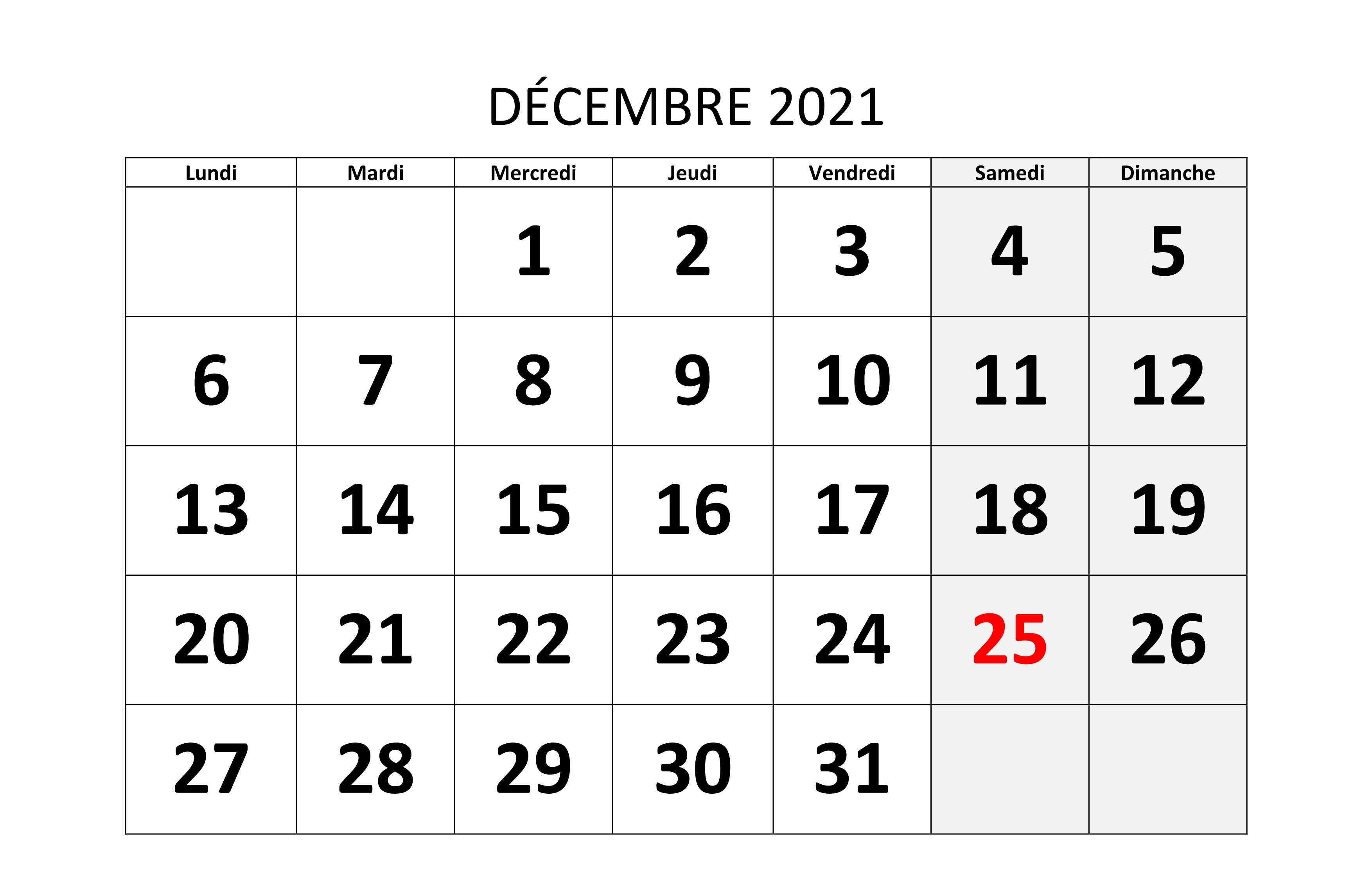 Calendrier de Décembre 2021 Imprimable