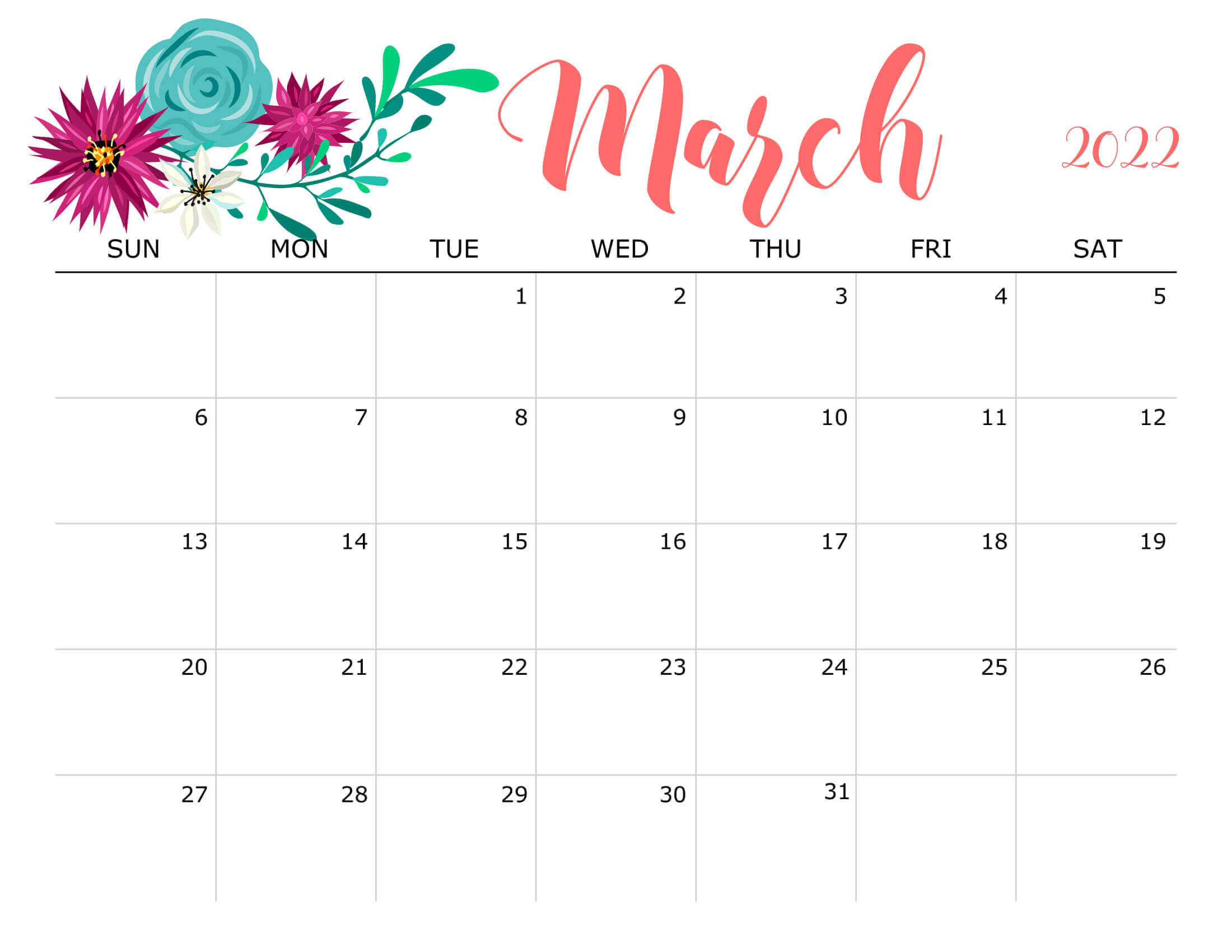 Decorative March 2022 Calendar