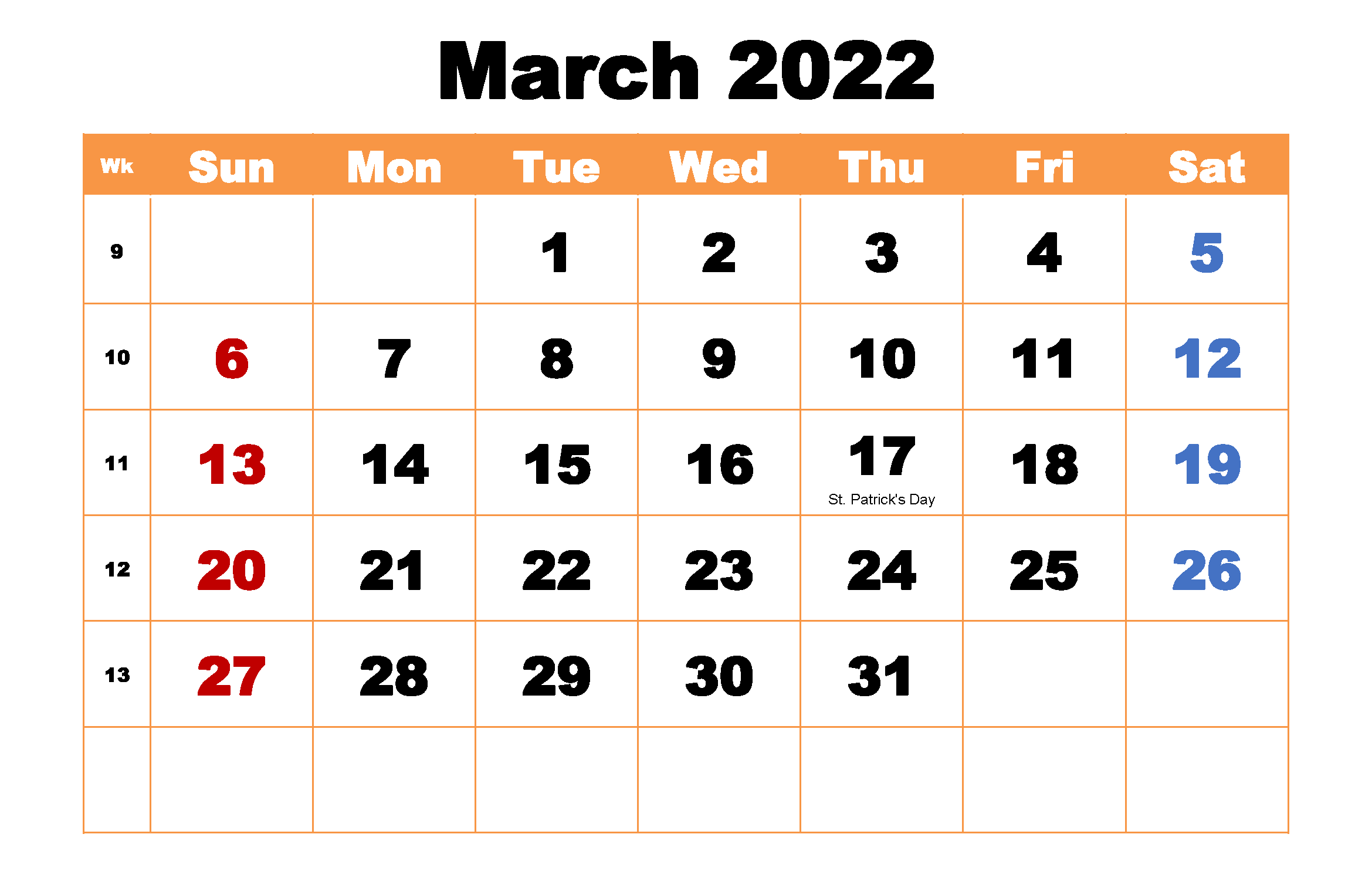 Editable March Calendar 2022