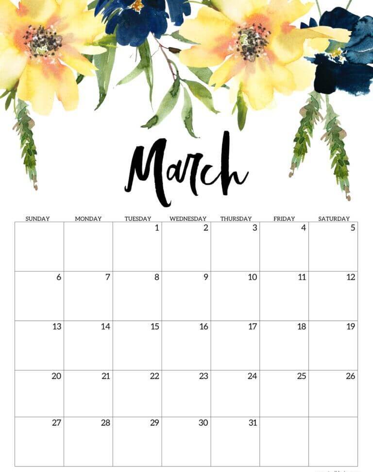 Floral March 2022 Calendar