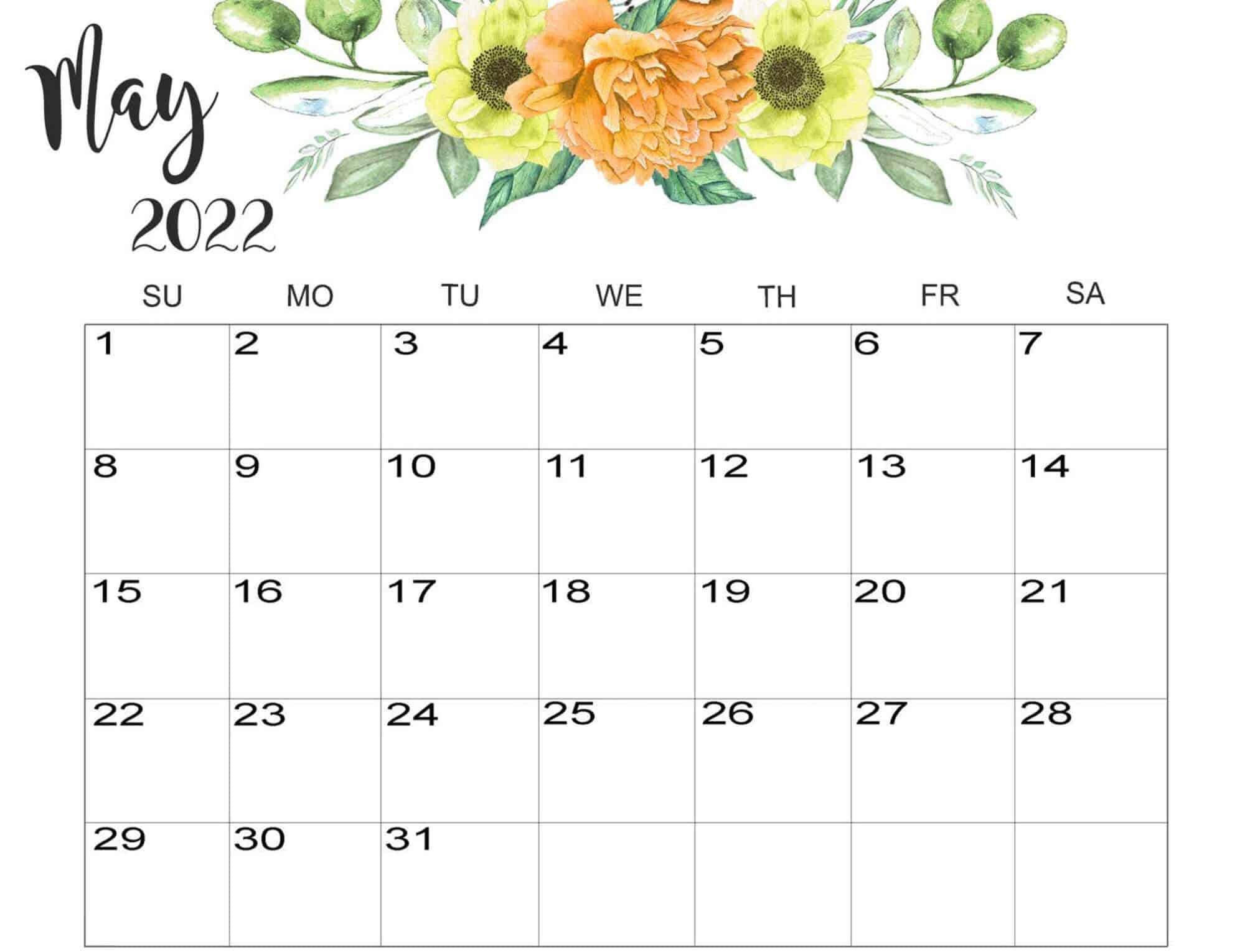 Floral May 2022 Calendar Cute