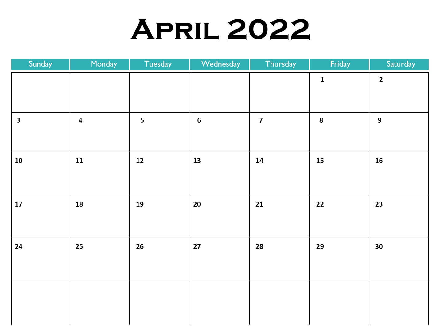 Free Blank April 2022 Calendar