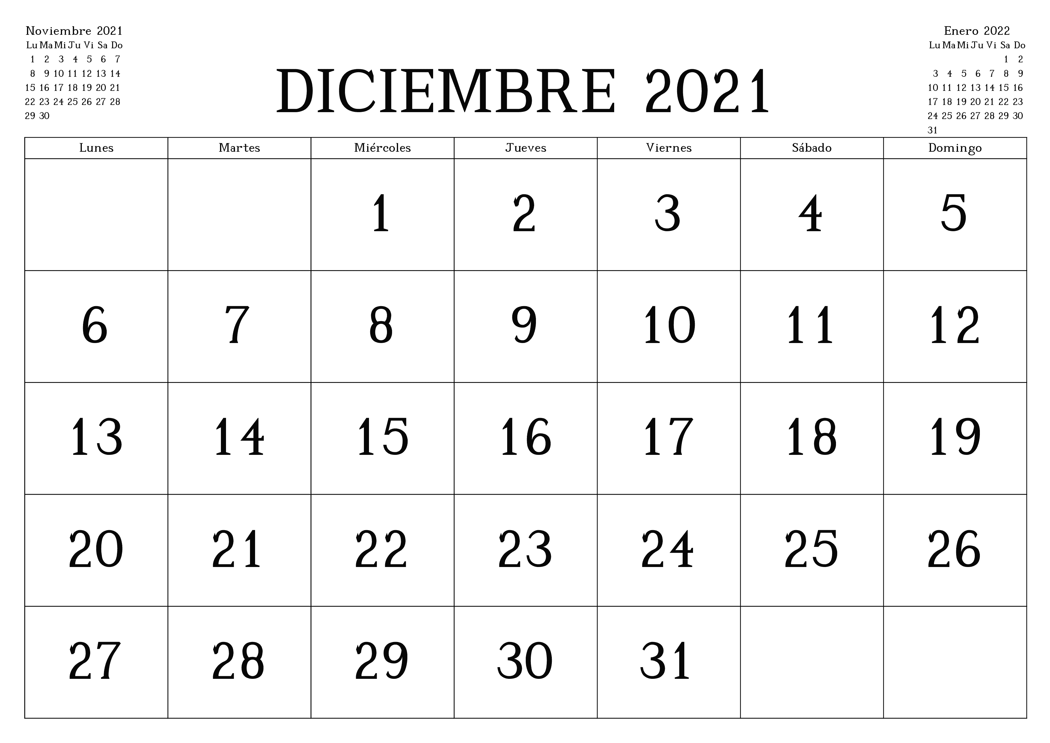 Imprimible Calendario Diciembre 2021