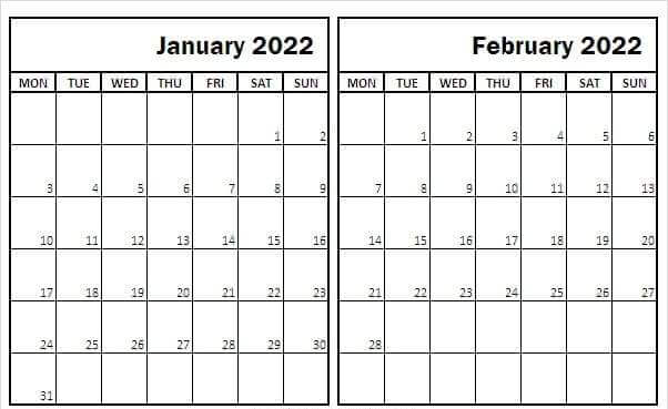 January February 2022 Calendar Blank