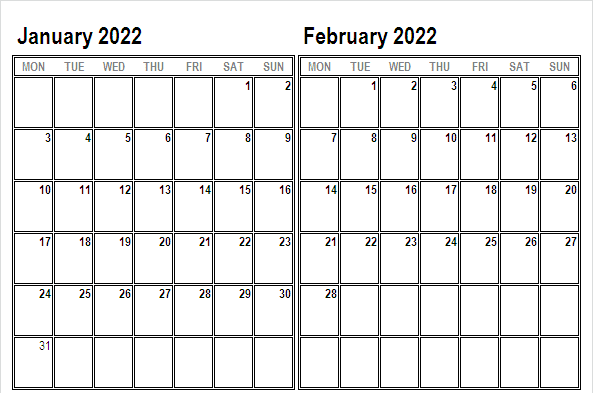 January February 2022 Printable Calendar