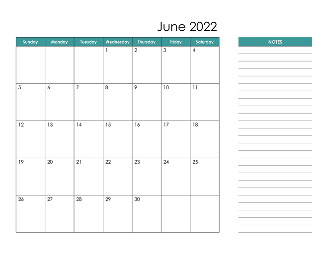 June 2022 Calendar With Notes