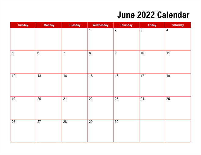 June 2022 Simple Monthly Calendar
