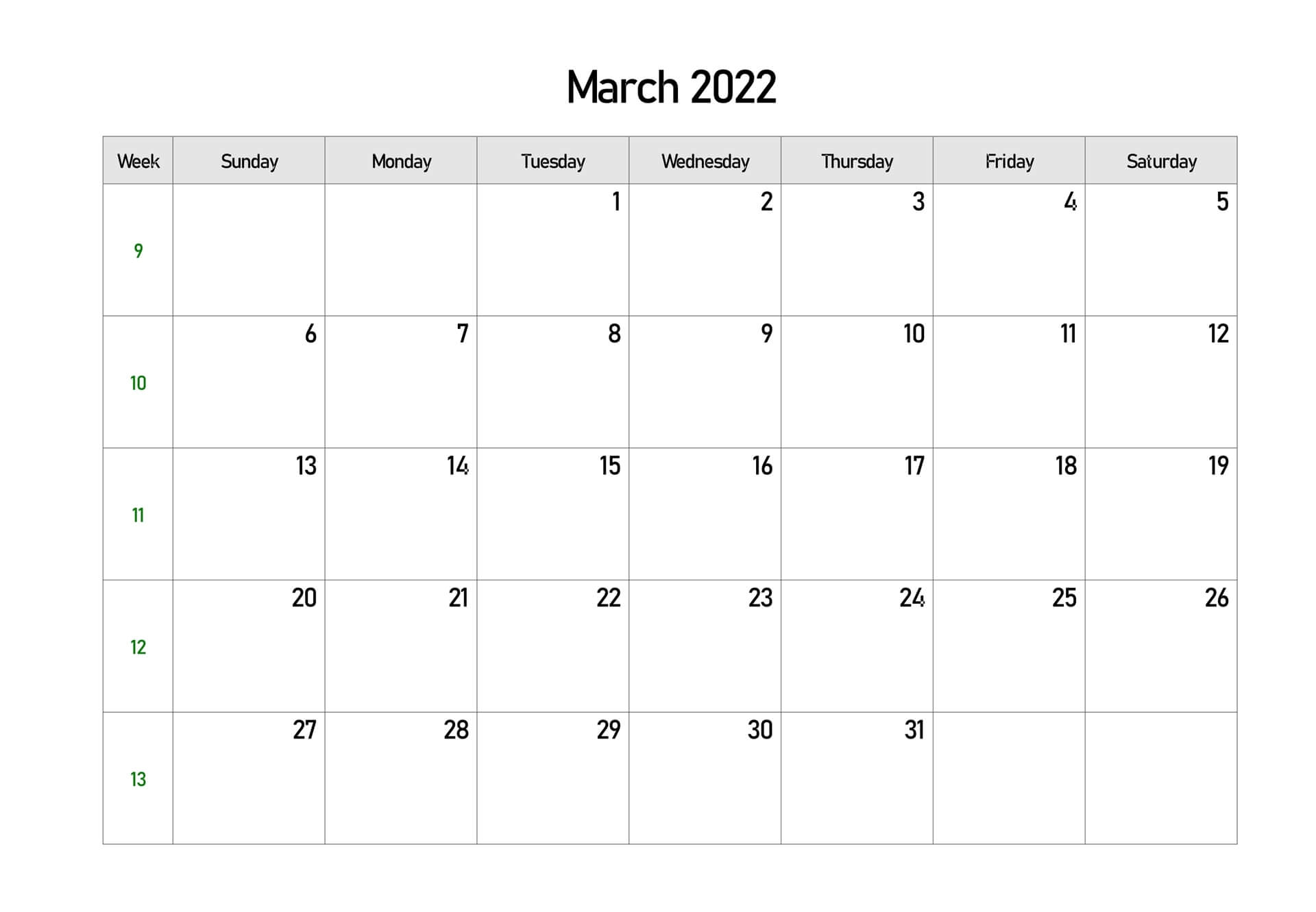 March 2022 Calendar Excel