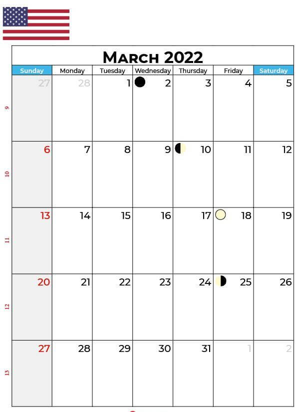 March 2022 Calendar USA With Holidays