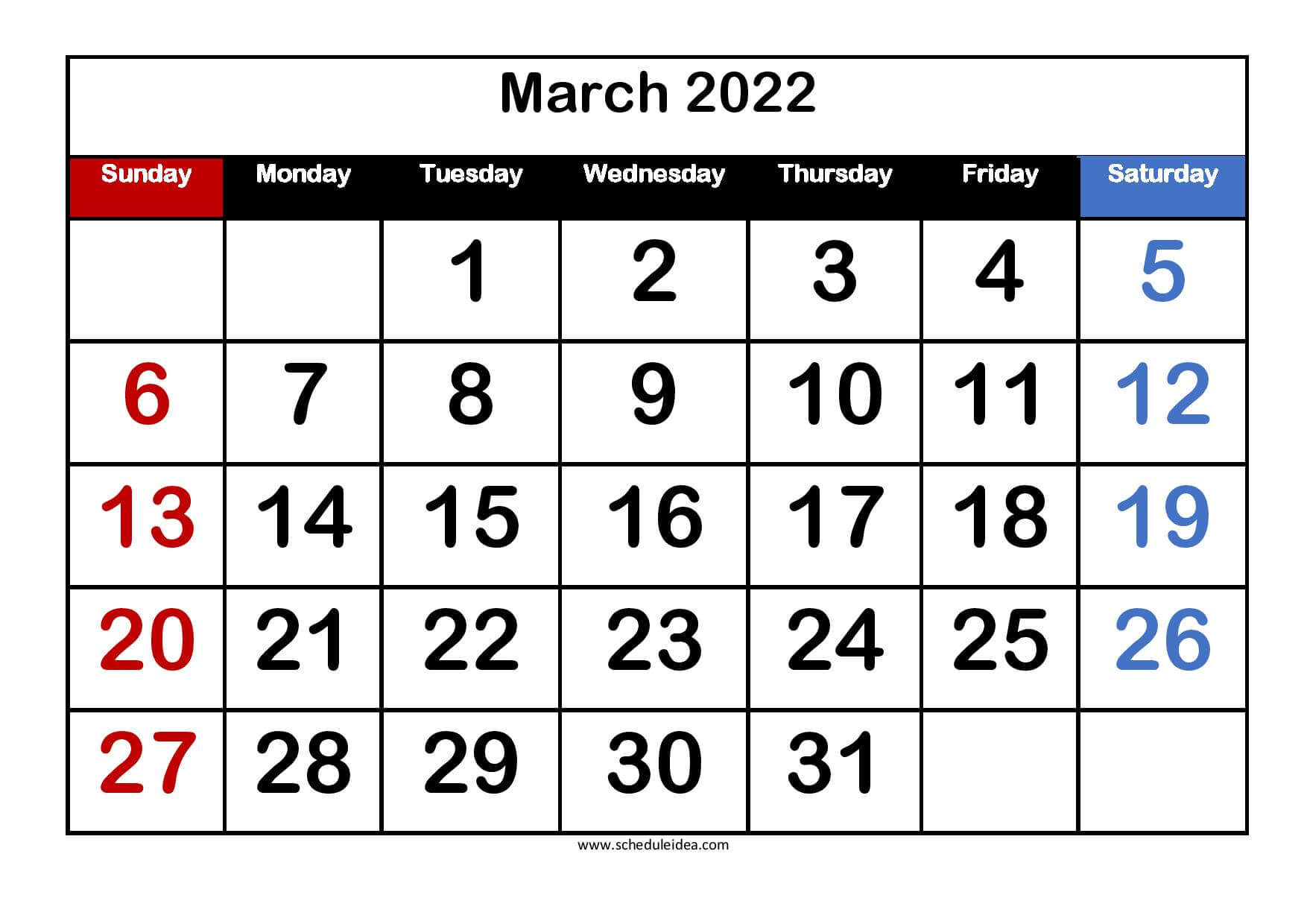 March 2022 Calendar Word