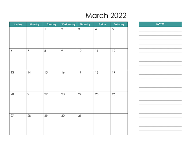 March 2022 Calendar with Notes