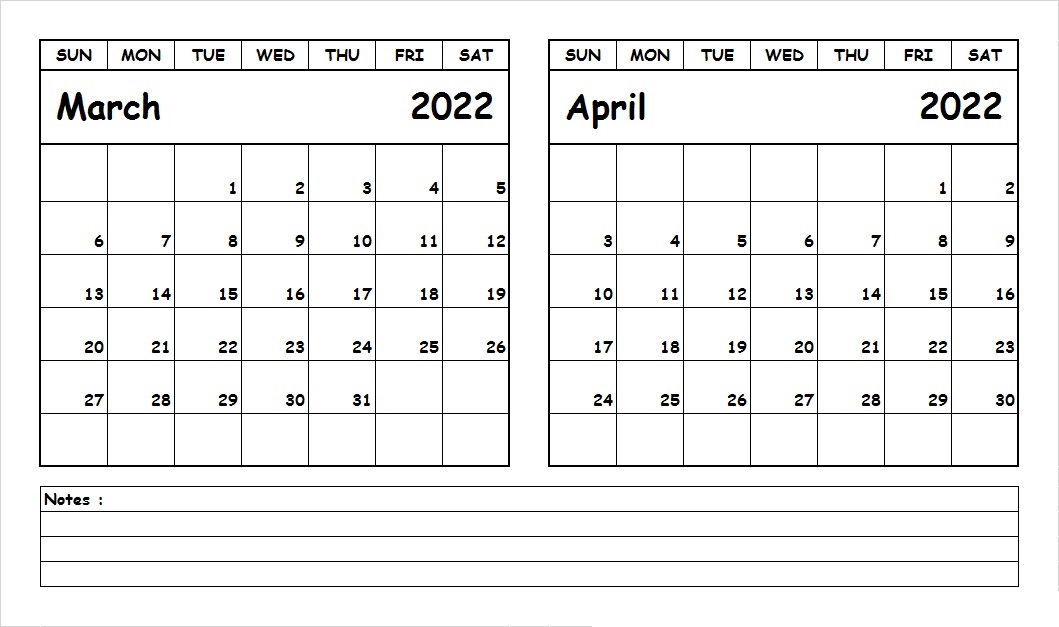 March April 2022 Calendar Printable