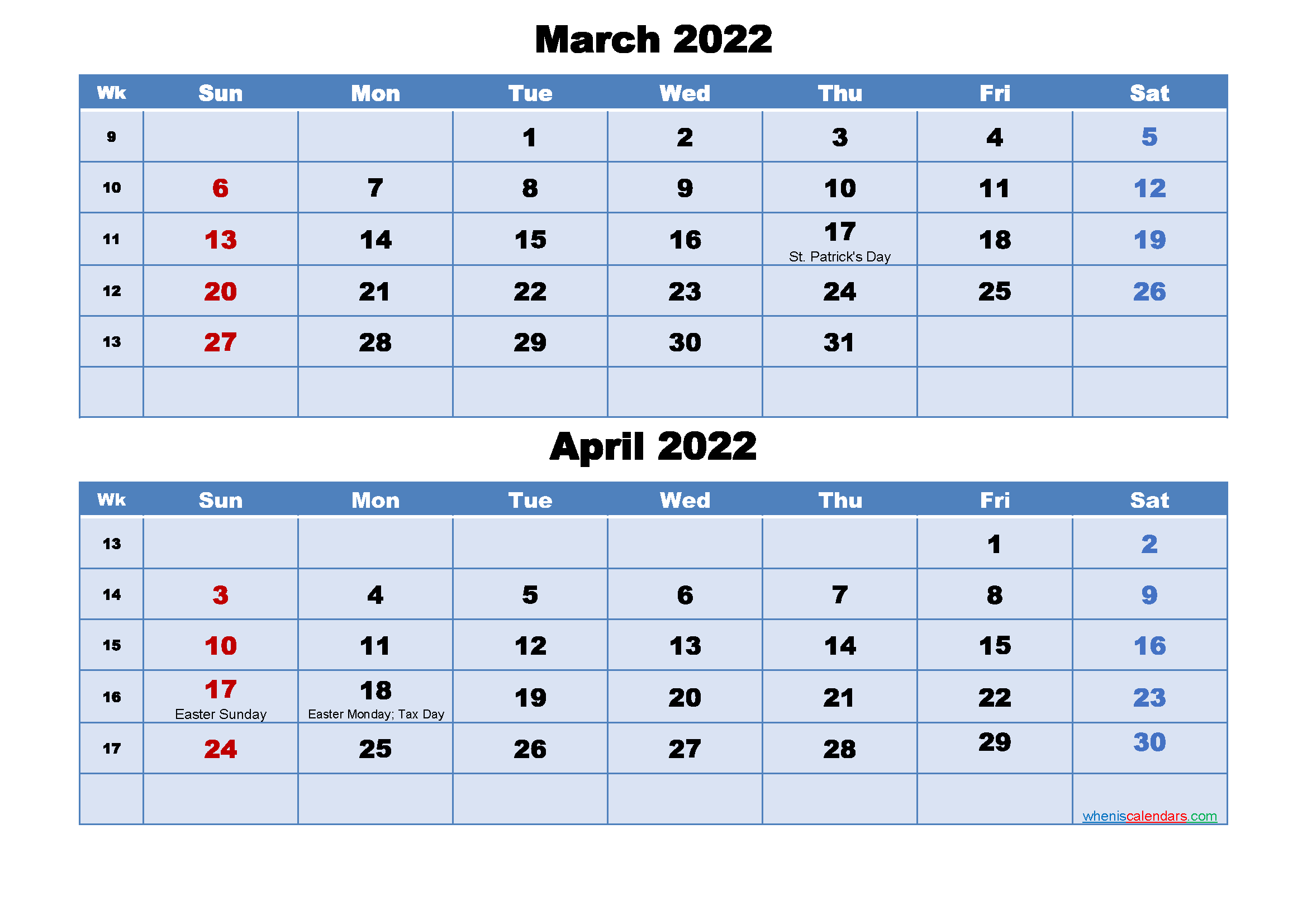 March April 2022 Calendar