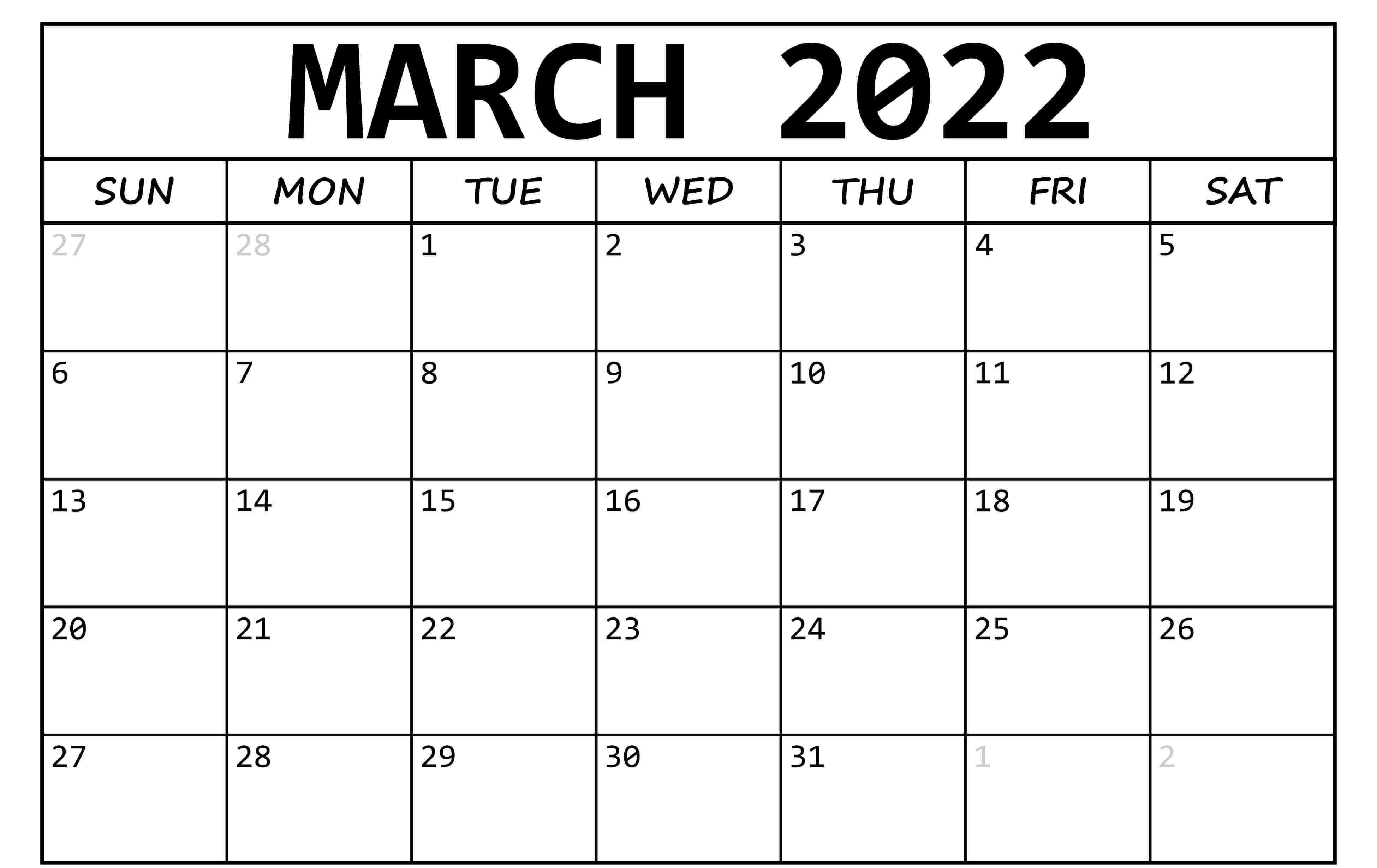 March Calendar 2022 Template