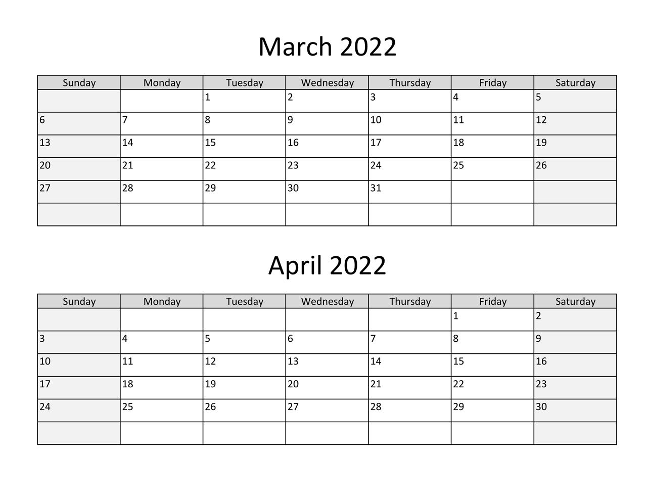 March and April 2022 Calendar