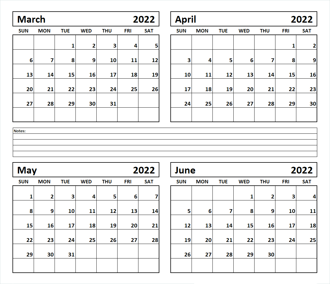 March to June 2022 Calendar