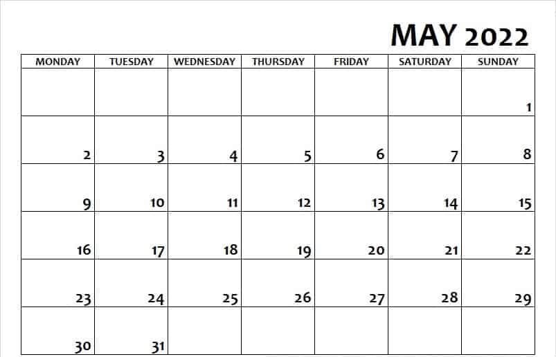 May Calendar 2022 Monday Start