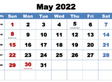 Monthly May 2022 Calendar Blue