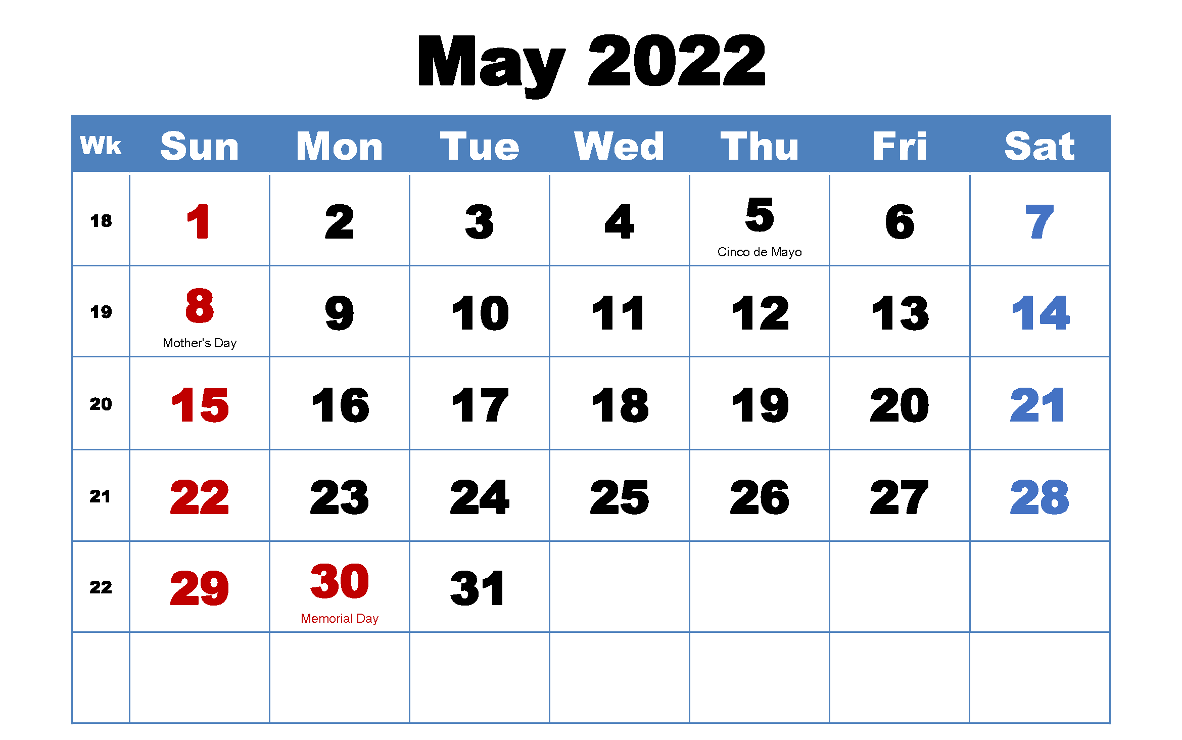 Monthly May 2022 Calendar Blue