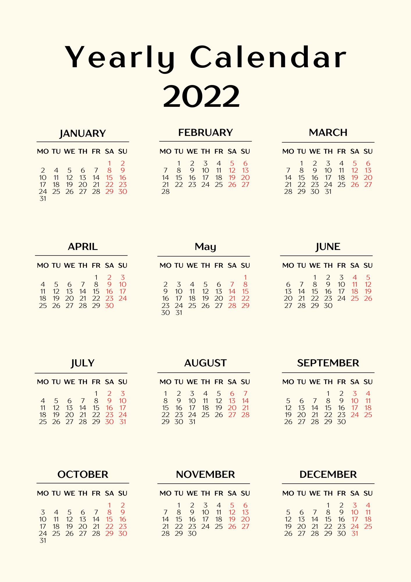 Printable Calendar 2022 Template