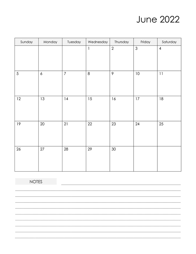 Printable Calendar with Notes - June 2022