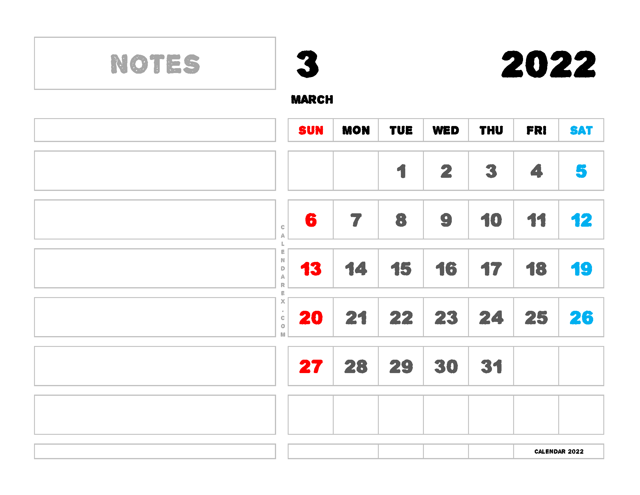 Printable March 2022 Calendar With Notes