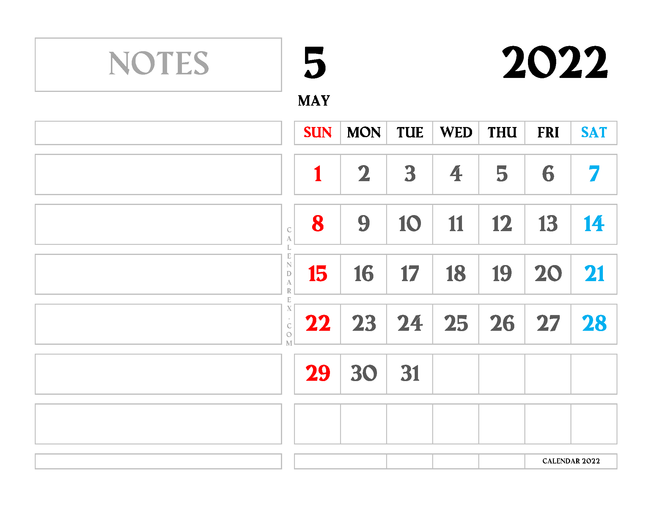 Printable May 2022 Calendar with Notes