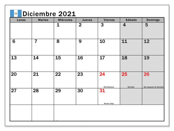 calendario diciembre 2021 guatemala