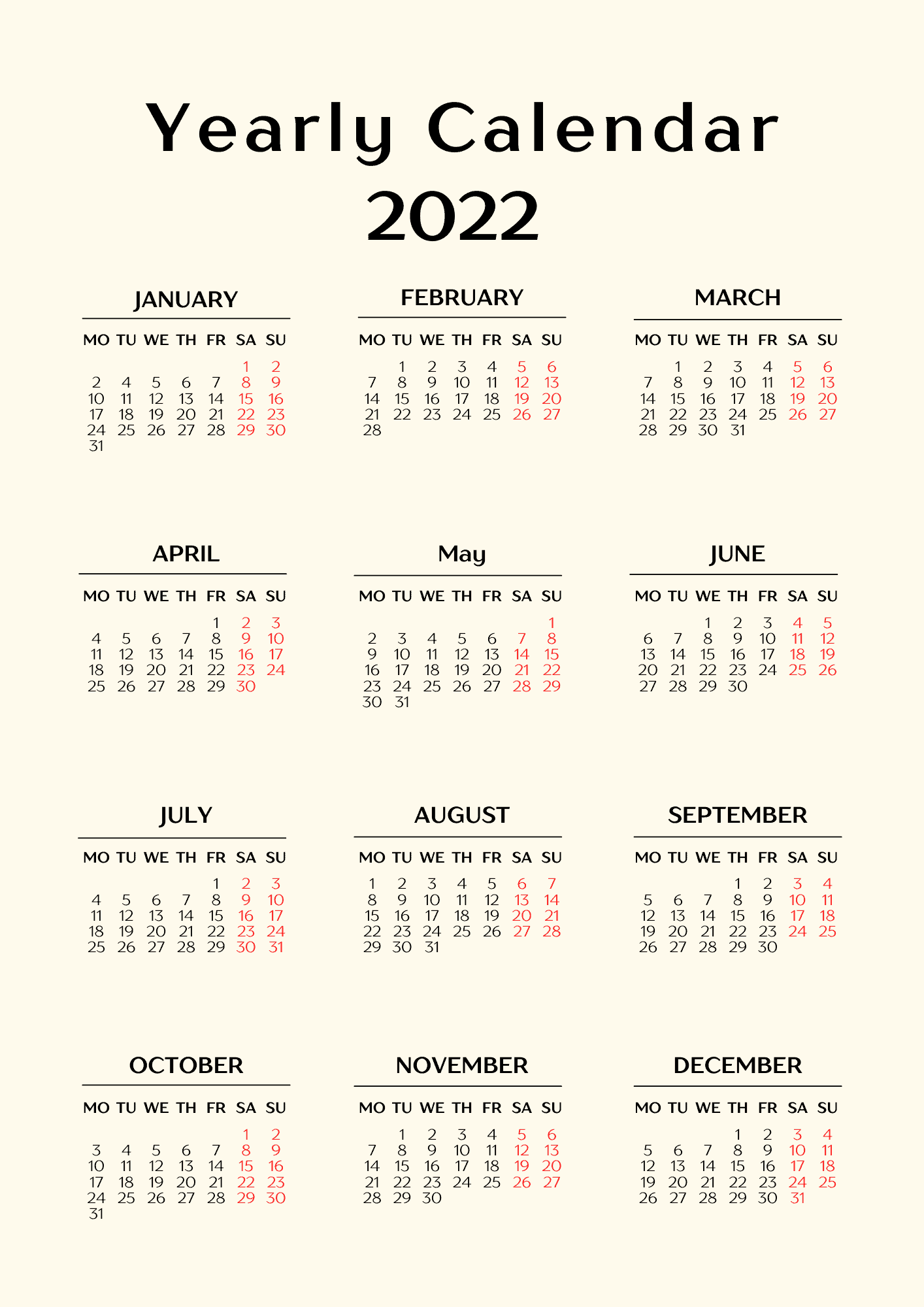 12 Months 2022 Calendar Template