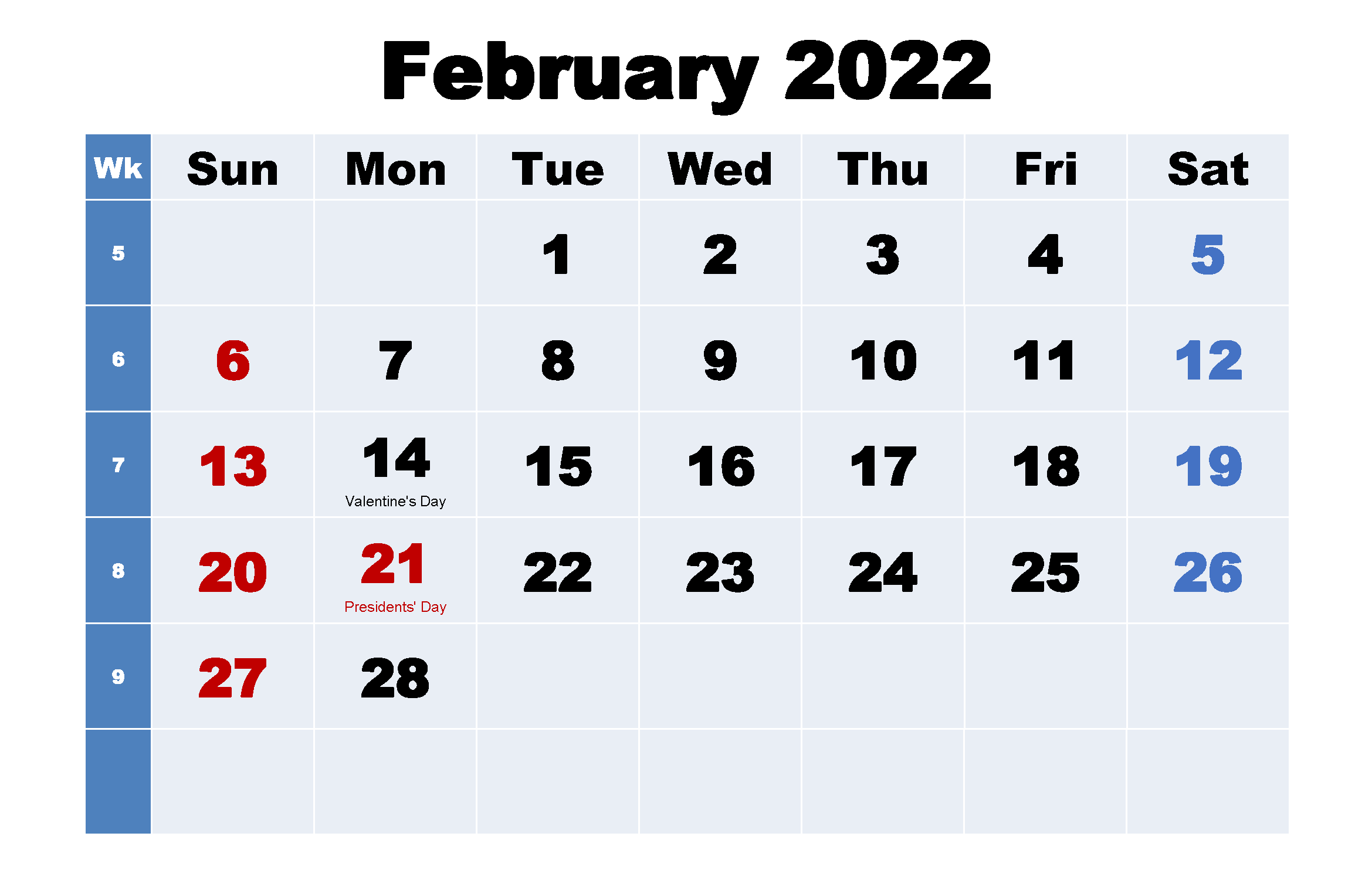 2022 February Holidays Calendar