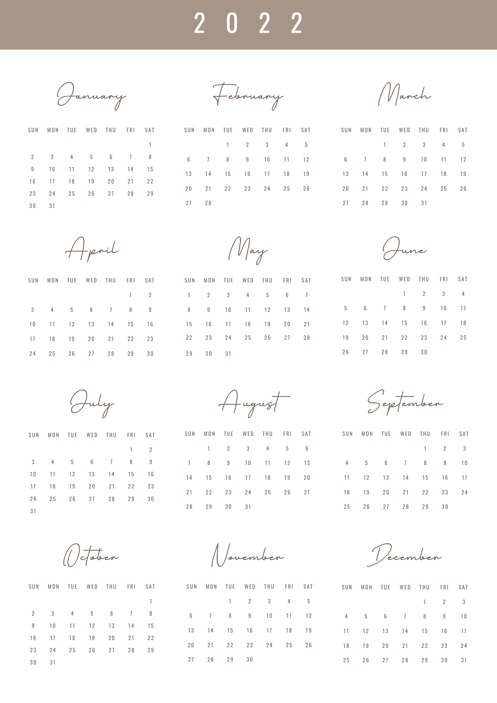 2022 Printable Calendar Template