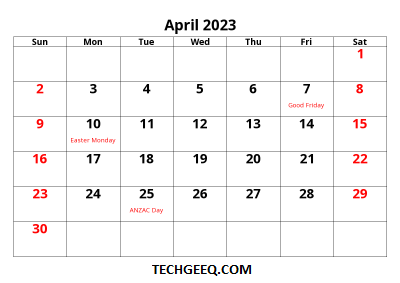 2023 april holidays calendar