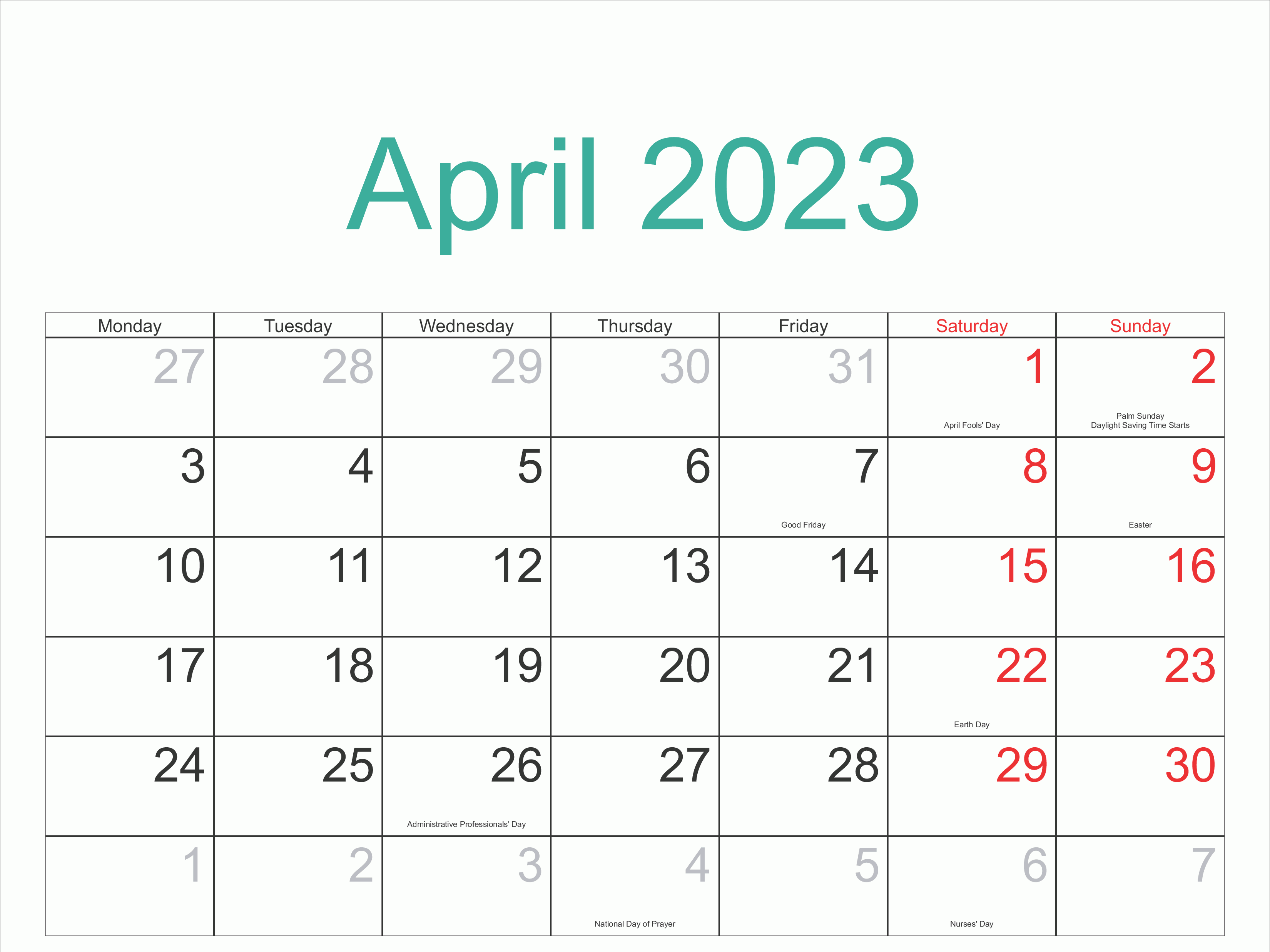 April 2023 Calendar with Holidays Canada