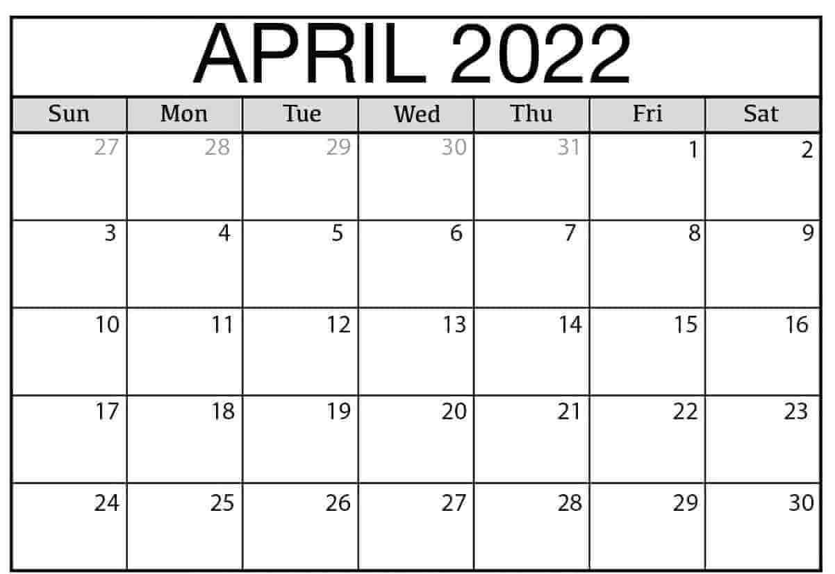 April Blank Calendar 2022