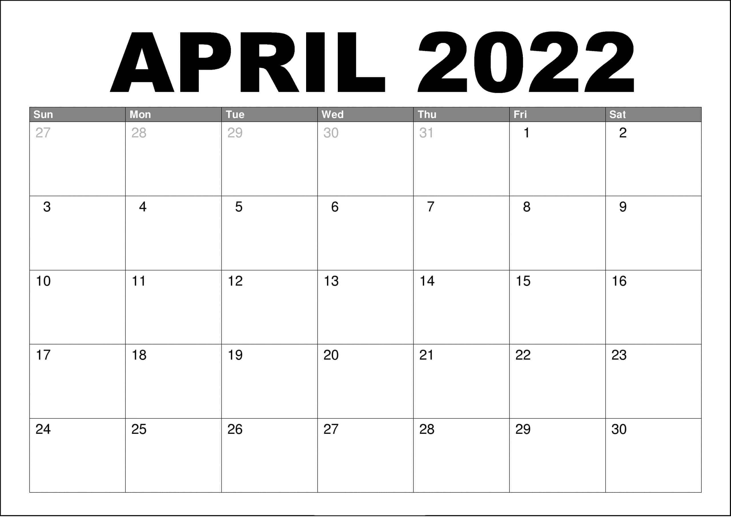 Blank April Calendar 2022 PDF