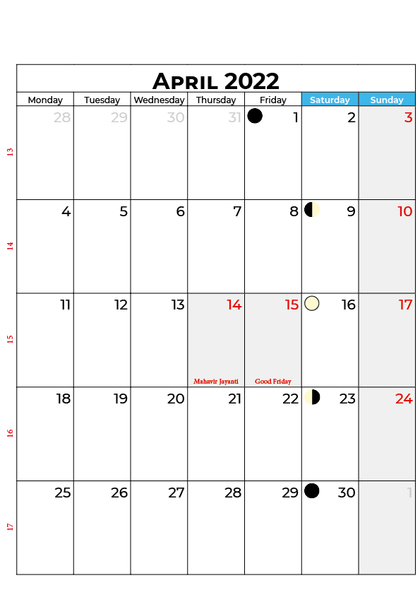 Blank Calendar April 2022 Portait