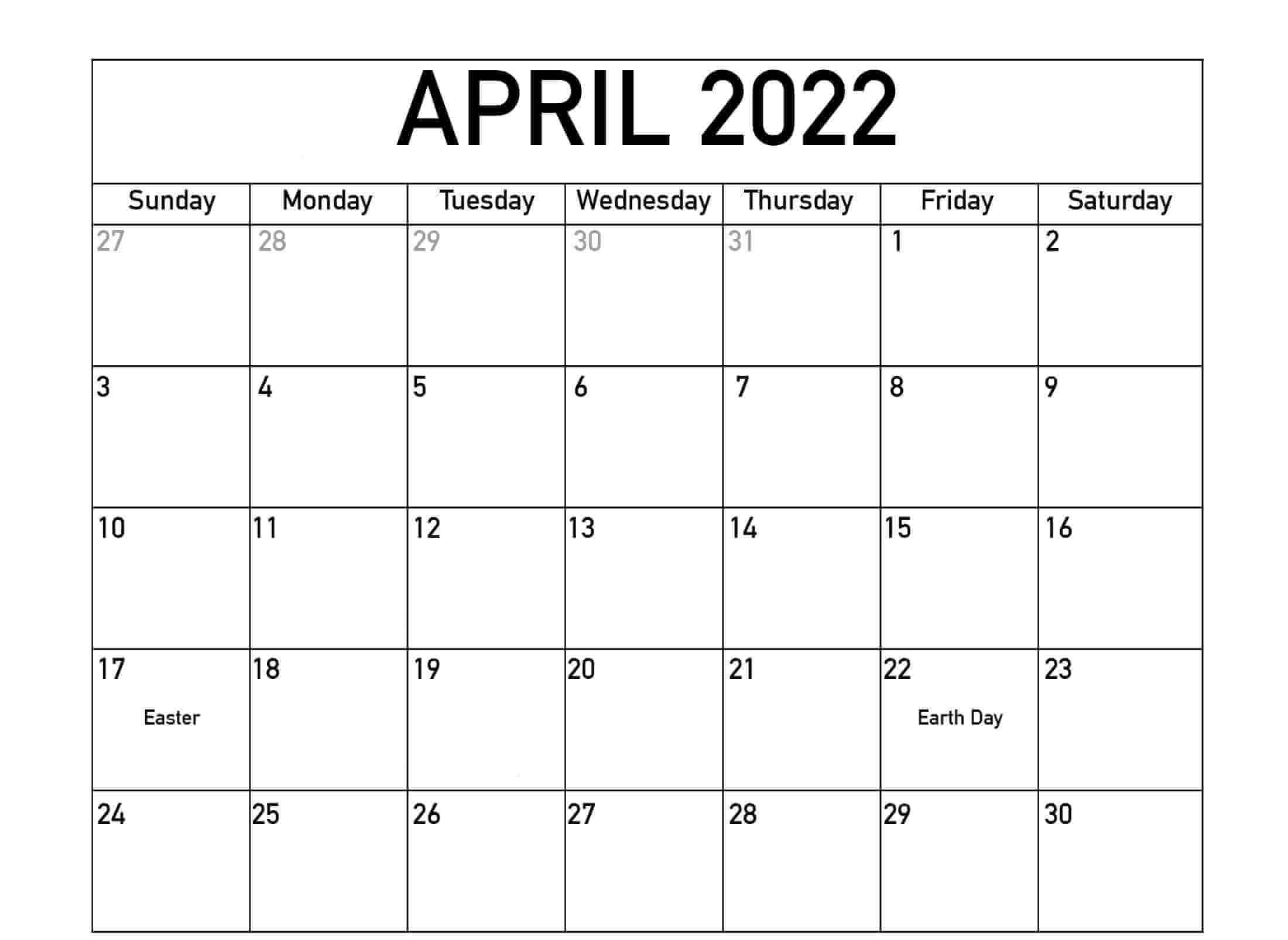 Blank Calendar Pages April 2022