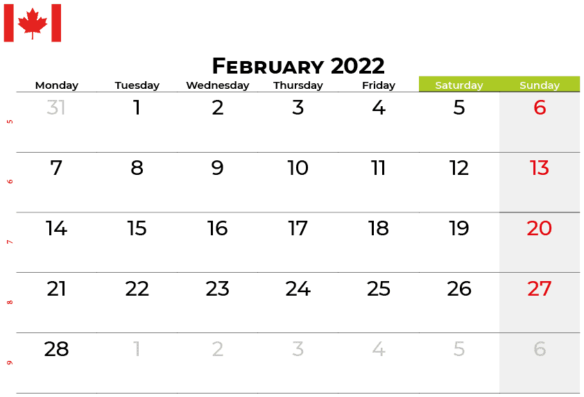 February 2022 calendar canada with holidays