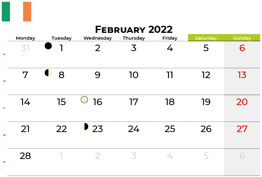February 2022 calendar ireland with holidays