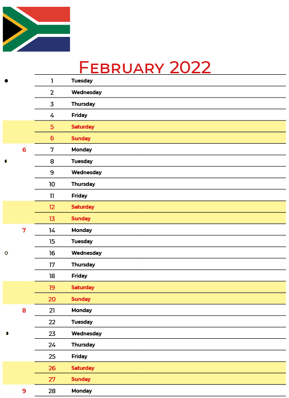 February 2022 Calendar with Holidays South Africa