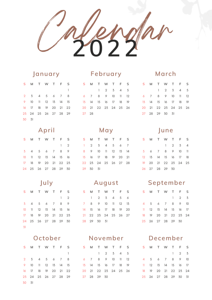 Yearly 2022 Calendar Template Printable PDF, Word, Excel