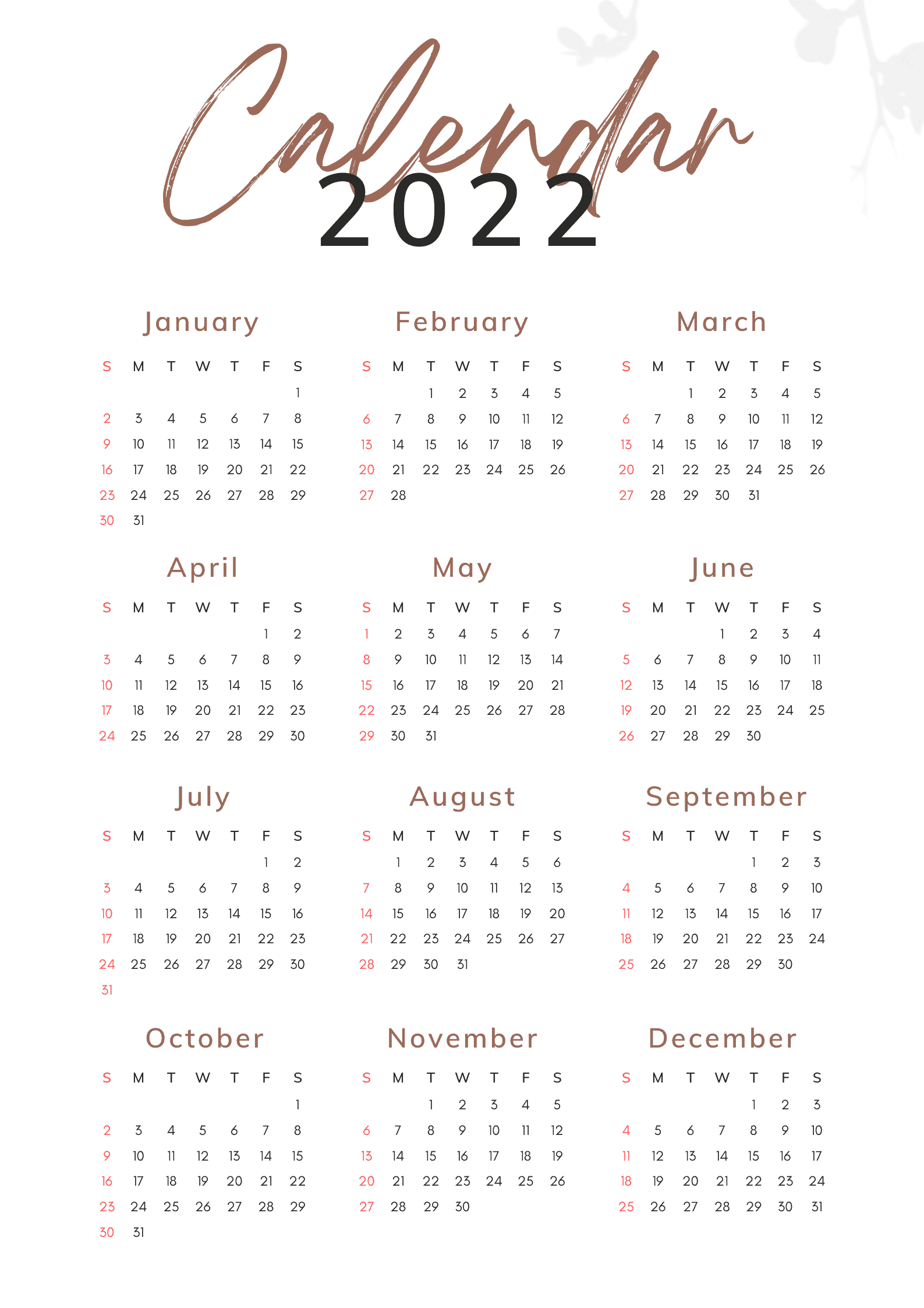 Yearly 2022 Calendar Template