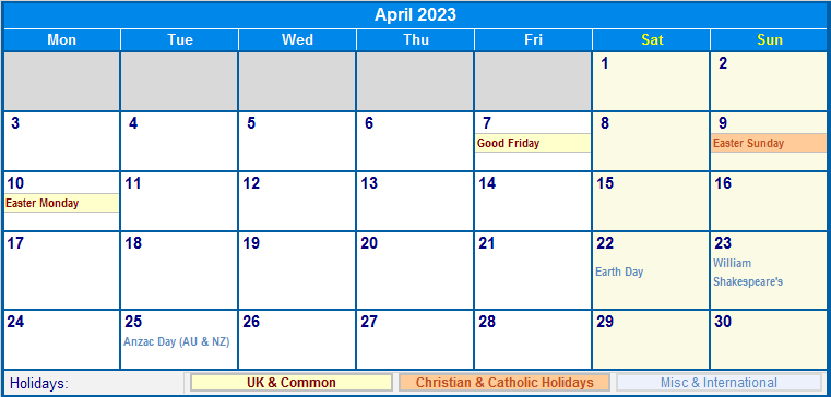 april 2023 calendar with holidays usa