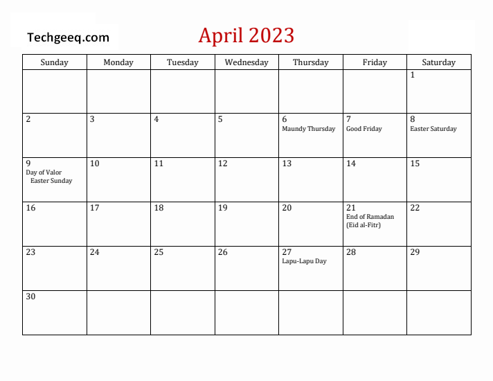 april 2023 holidays calendar template