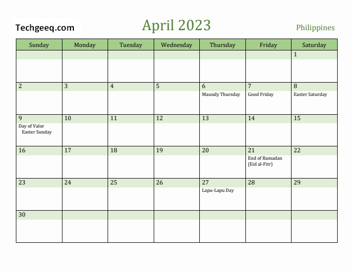 holidays calendar april 2023