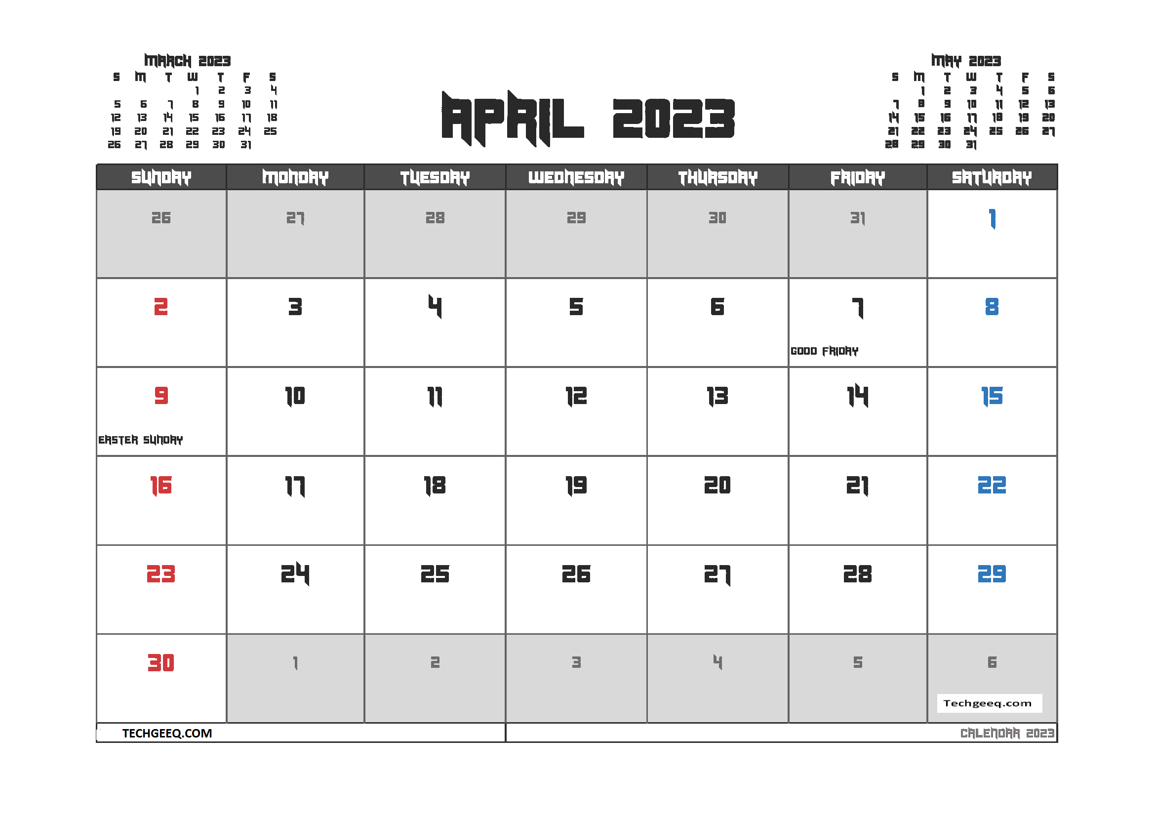 printable april 2023 calendar with holidays