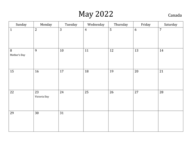 Canada 2022 May Calendar with Holidays