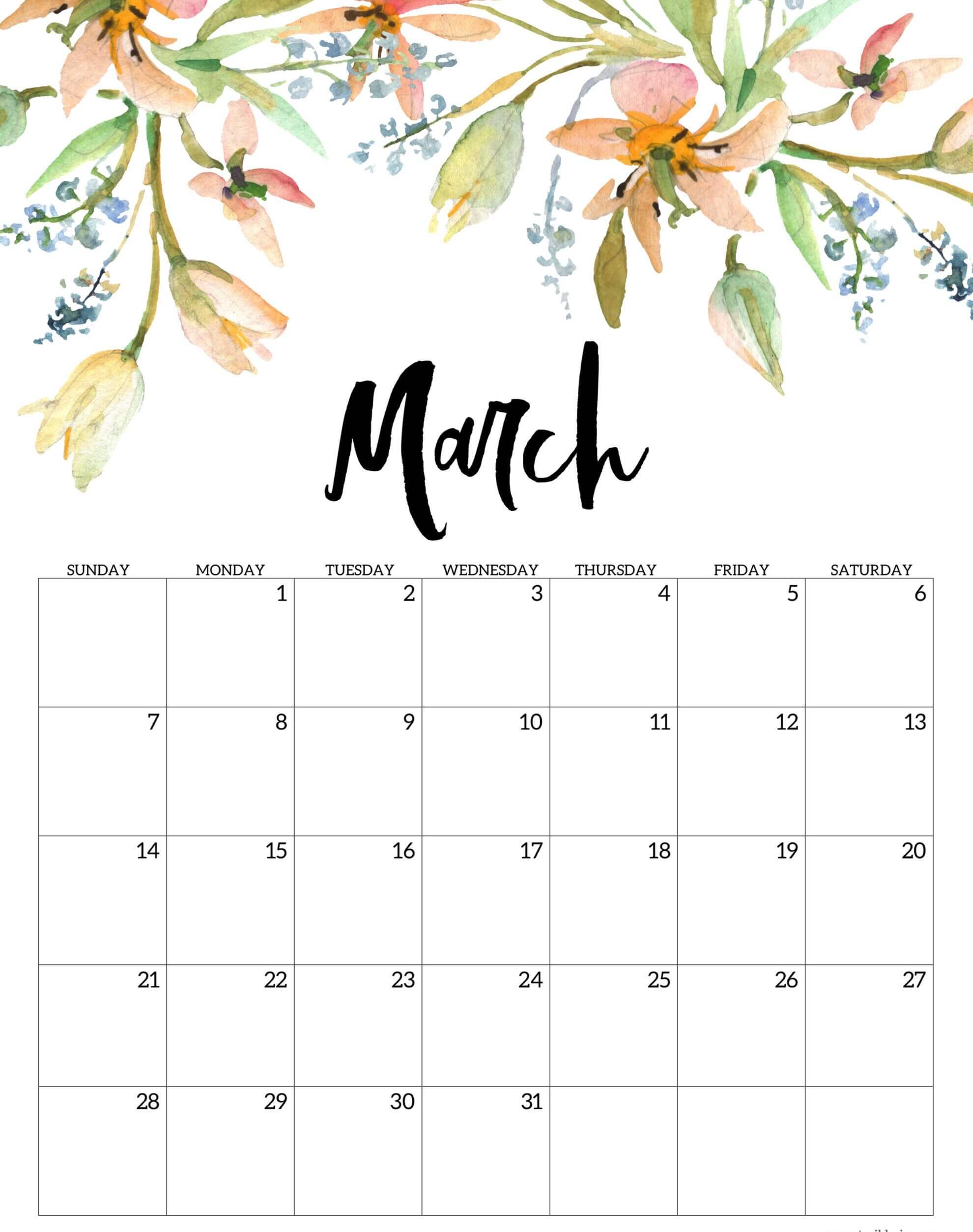 Cute March 2021 Calendar with Holidays