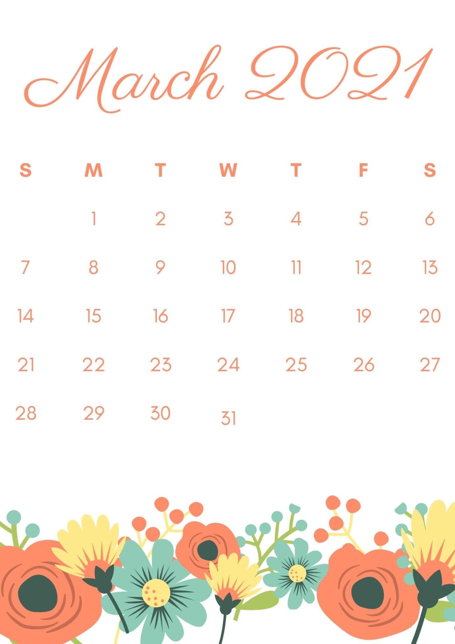 Decorative March 2021 Floral Calendar Wallpaper